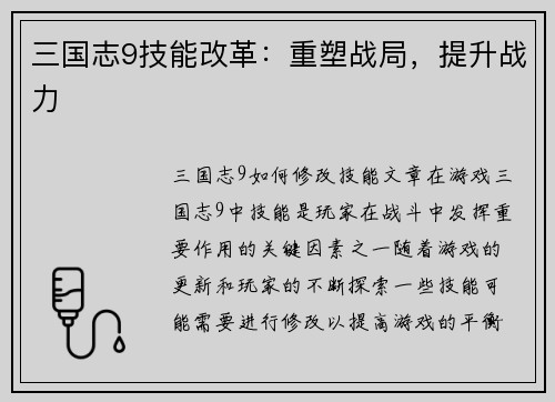 三国志9技能改革：重塑战局，提升战力